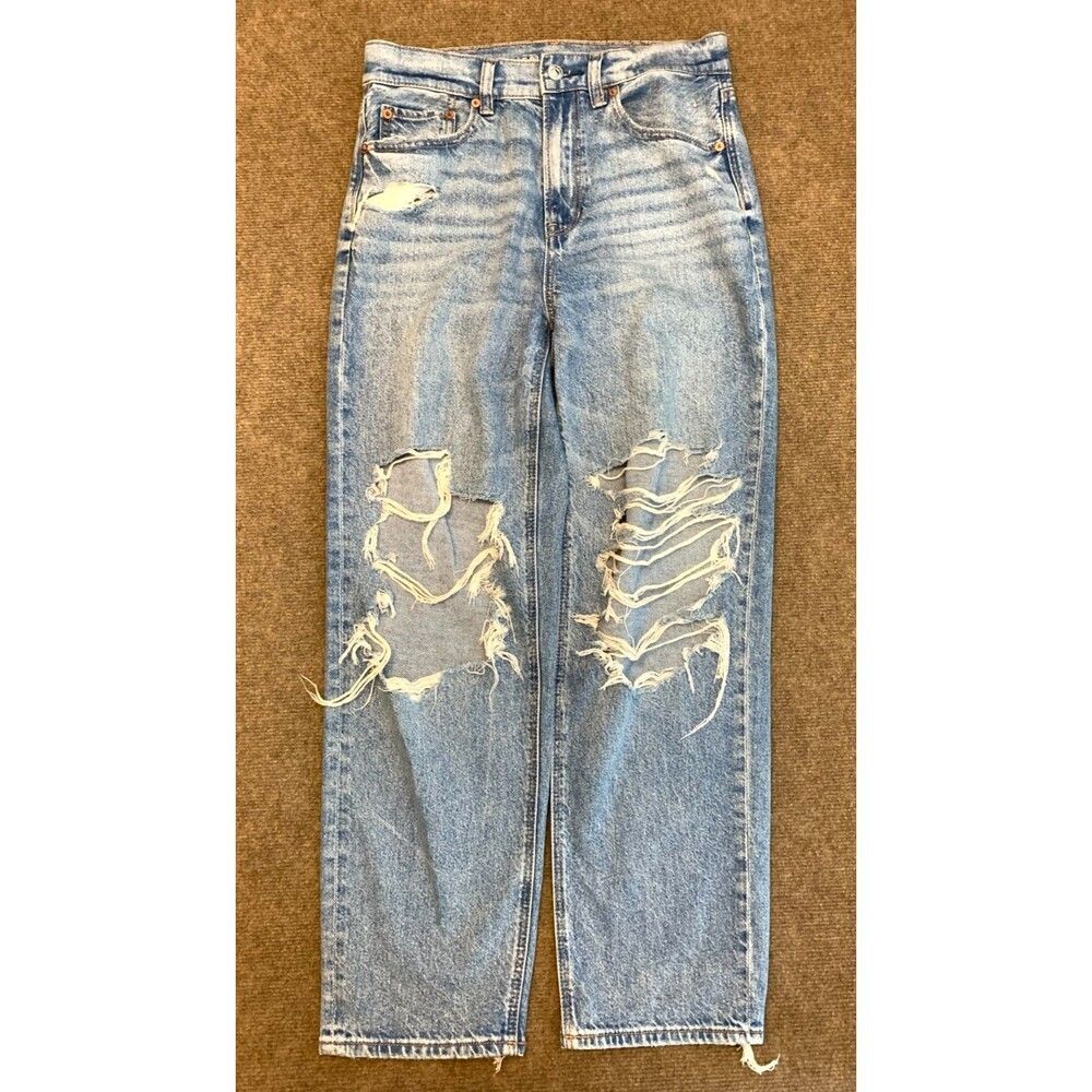 American Eagle Jeans Womens 2 High Rise Baggy Straight Distressed Ripped Denim